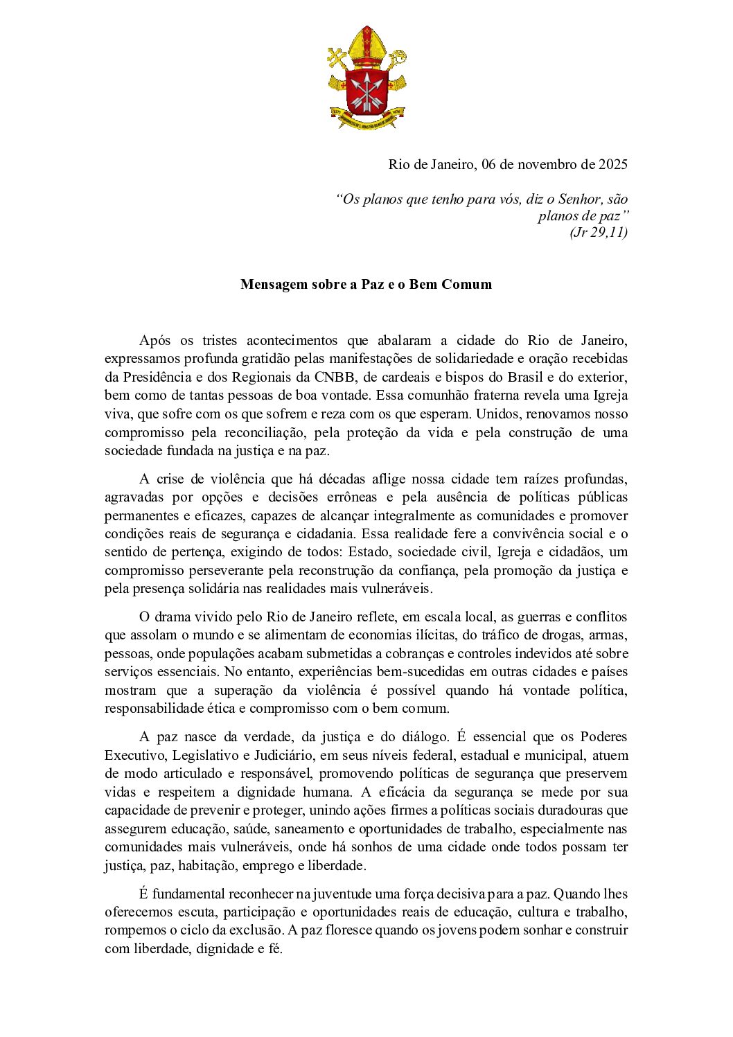 Mensagem sobre a Paz e o Bem Comum